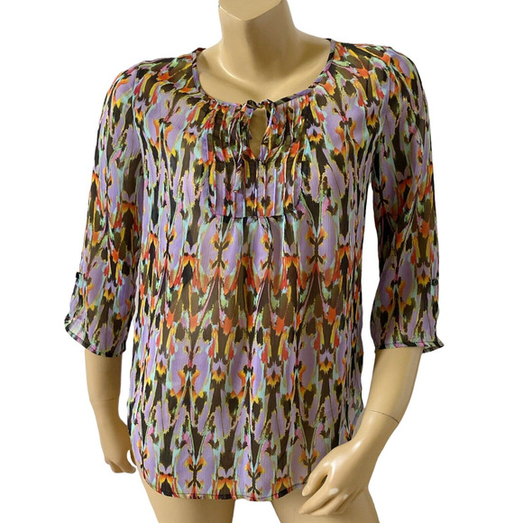 EXPRESS Womens Size XS Sheer Convertible 3/4 Sleeve Keyhole Neck Tribal Shirt - Picture 1 of 9